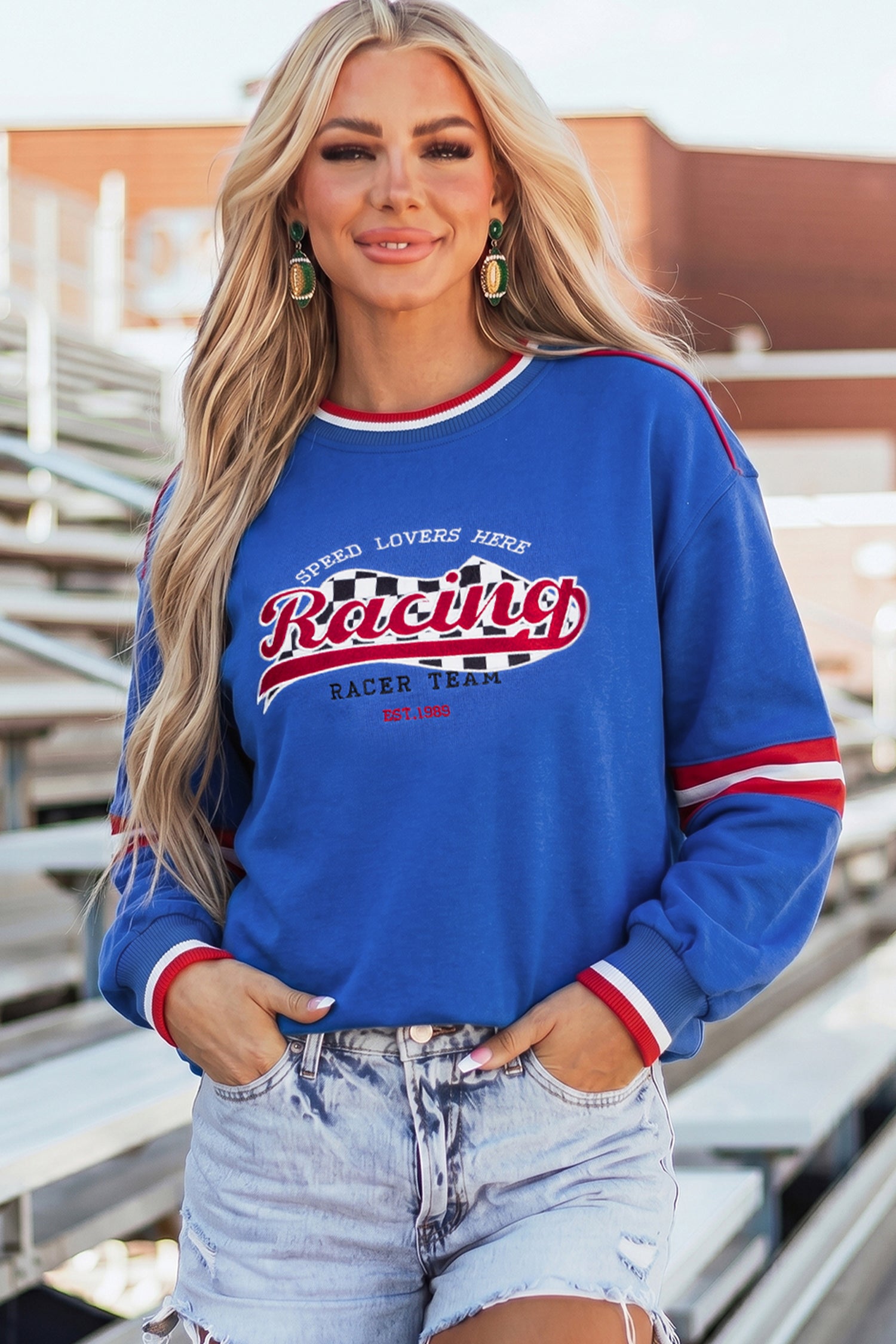 Sky Blue Abstract Racing Graphic Embroidered Patchwork Long Sleeve Sweatshirt - Aaria Tees Aaria Tees