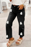 Black Sequin Ghost Patched Graphic Raw Hem Casual Jeans Aaria Tees