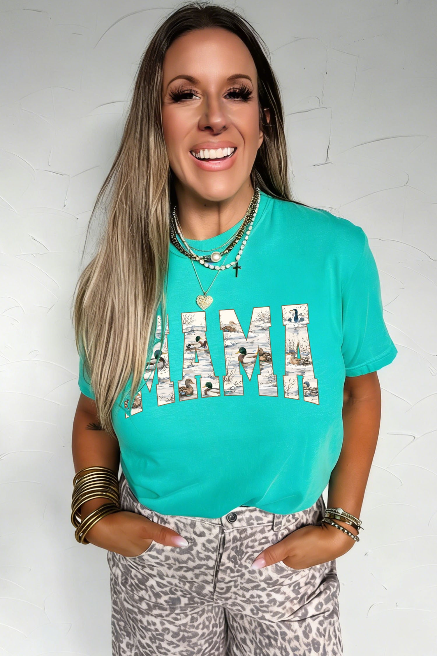 Mint Green Mallard Duck Print MAMA Lettering Graphic T Shirt - Aaria Tees Aaria Tees