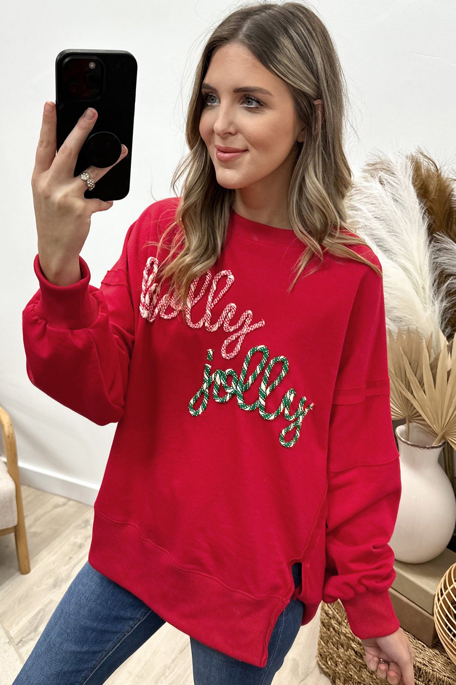 Racing Red Holly Jolly Embroidered Graphic Baggy Sweatshirt - Aaria Tees Aaria Tees