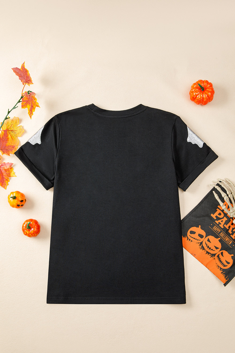 Black Glitter Ghost Pattern Crew Neck Halloween T Shirt - Aaria Tees Aaria Tees