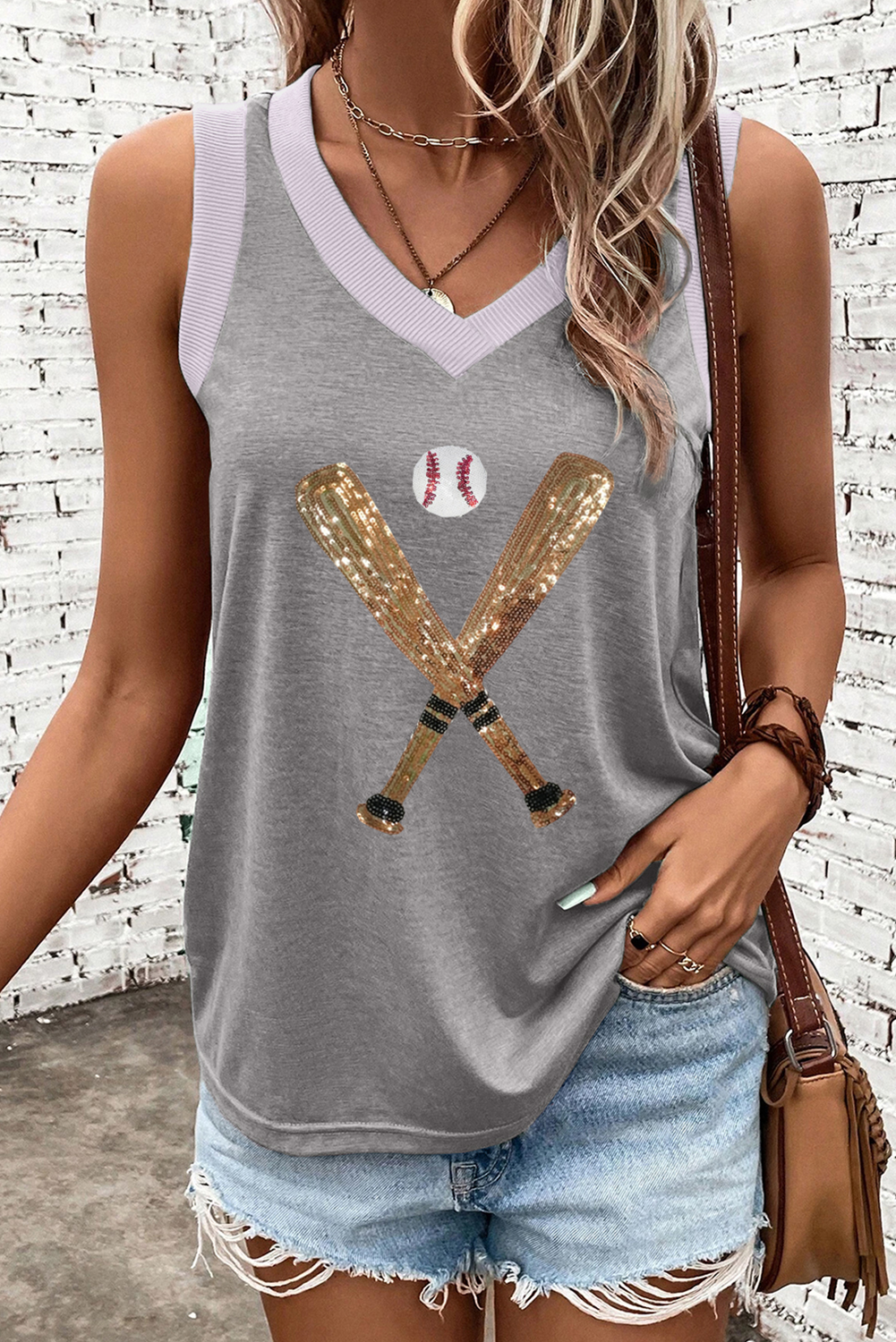 Gray Sequined Baseball Bat Graphic Ribbed Trim Casual Tank Top - Aaria Tees Aaria Tees