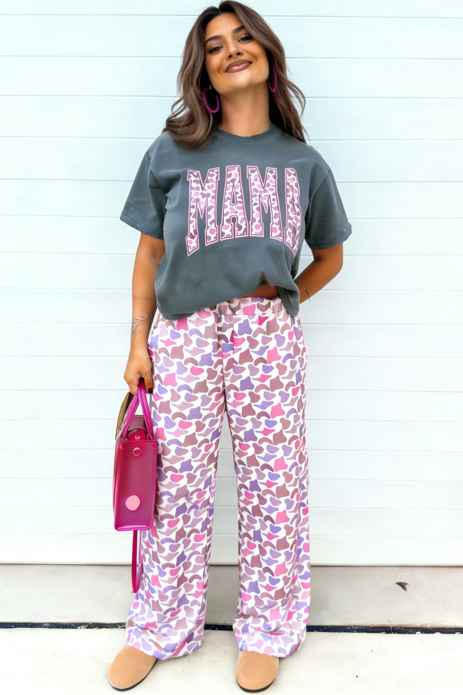 Medium Grey MAMA Letter Graphic Tee Camouflage Print Loose Pant Set - Aaria Tees Aaria Tees