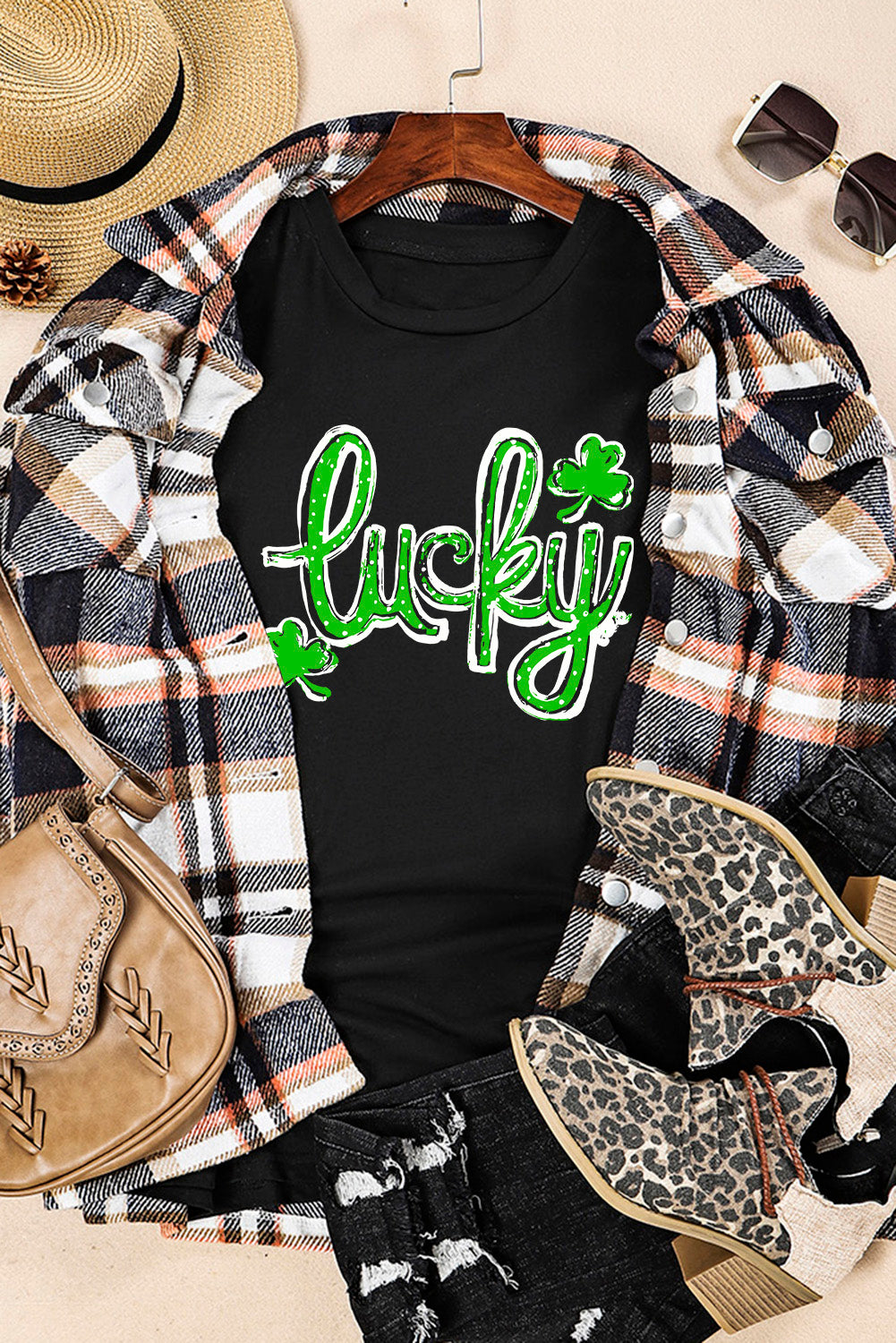 Black St. Patricks Lucky Clover Print O Neck T Shirt - Aaria Tees Aaria Tees