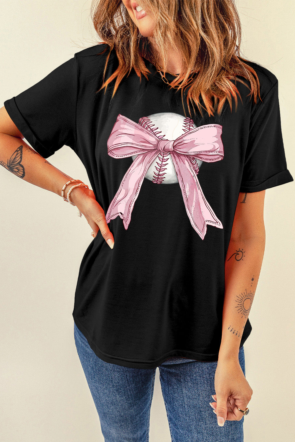 Black Baseball Bow Knot Print Round Neck T Shirt - Aaria Tees Aaria Tees