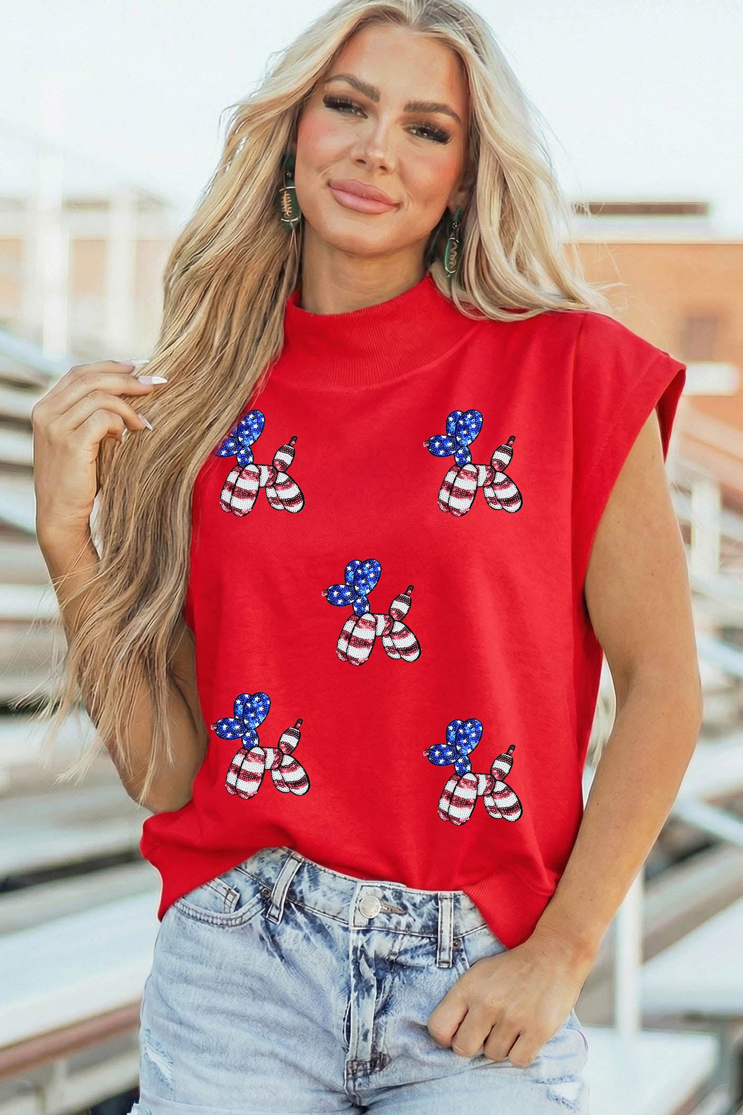 Racing Red Sequin American Flag Balloon Dog High Neck Short Sleeve Top - Aaria Tees Aaria Tees