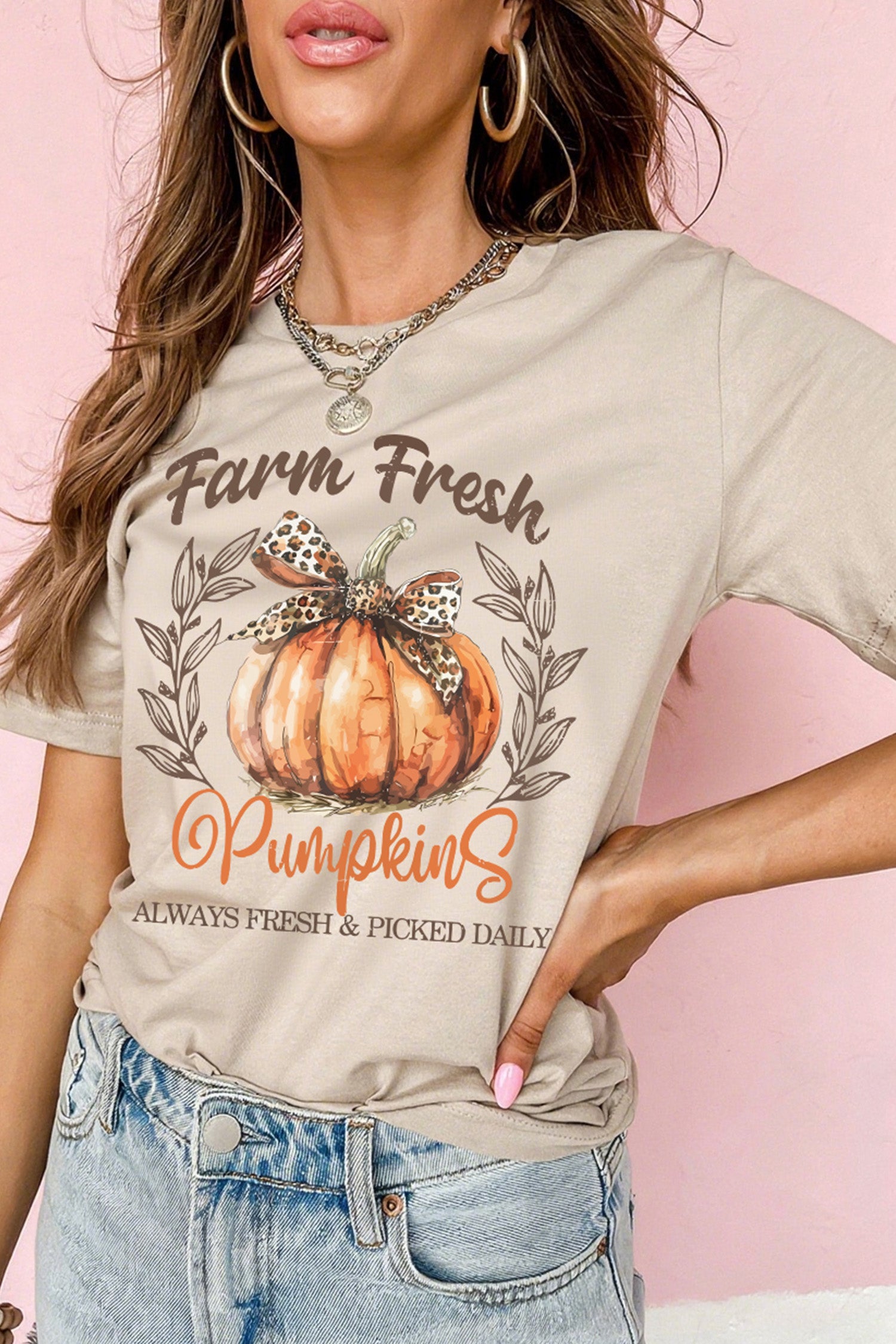 Khaki Farm Fresh Pumpkin Slogan Fall Thanksgiving Graphic Tee - Aaria Tees Aaria Tees