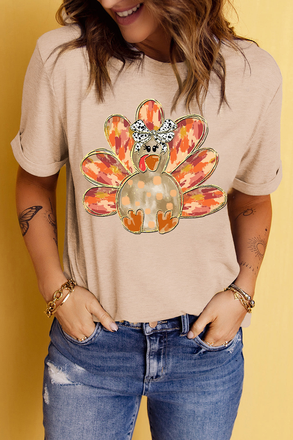 Khaki Thanksgiving Bowknot Turkey Graphic Crewneck Tee - Aaria Tees Aaria Tees