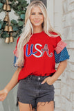 Fiery Red Sequin USA Lettering Patriotic Contrast Splicing Sleeve Top Aaria Tees