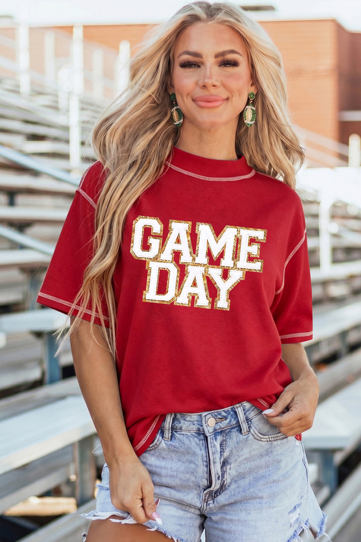 Racing Red Shiny Game Day Lettering Contrast Seam Detail Graphic Tee - Aaria Tees