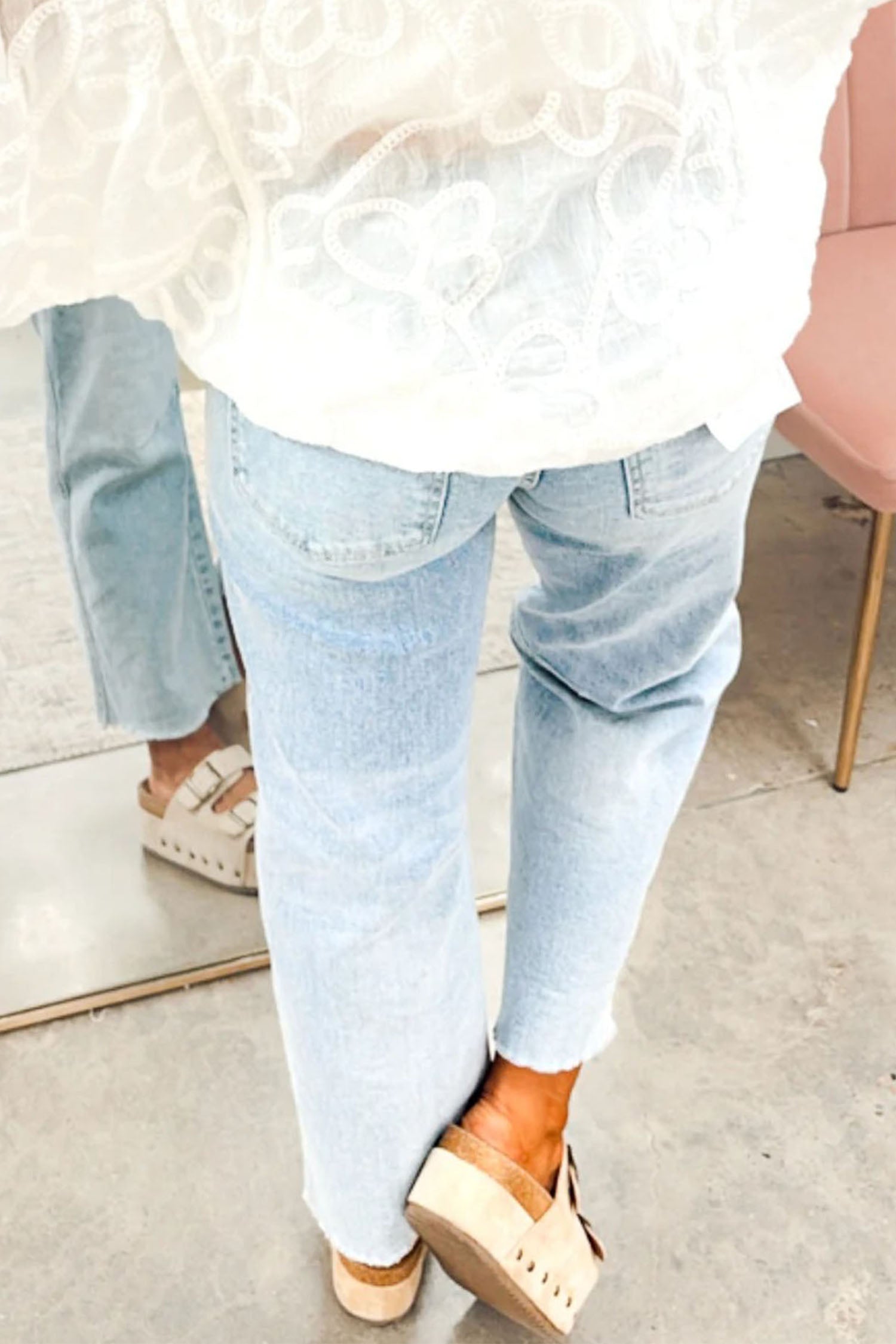 Beau Blue Sequin Detail Patched Rugby Pattern Raw Hem Shift Jeans - Aaria Tees Aaria Tees