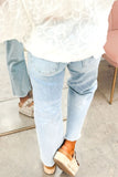 Beau Blue Sequin Detail Patched Rugby Pattern Raw Hem Shift Jeans - Aaria Tees Aaria Tees