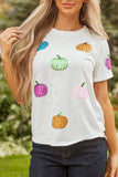 White Sequin Pumpkin Patched Cotton Blend T Shirt Aaria Tees
