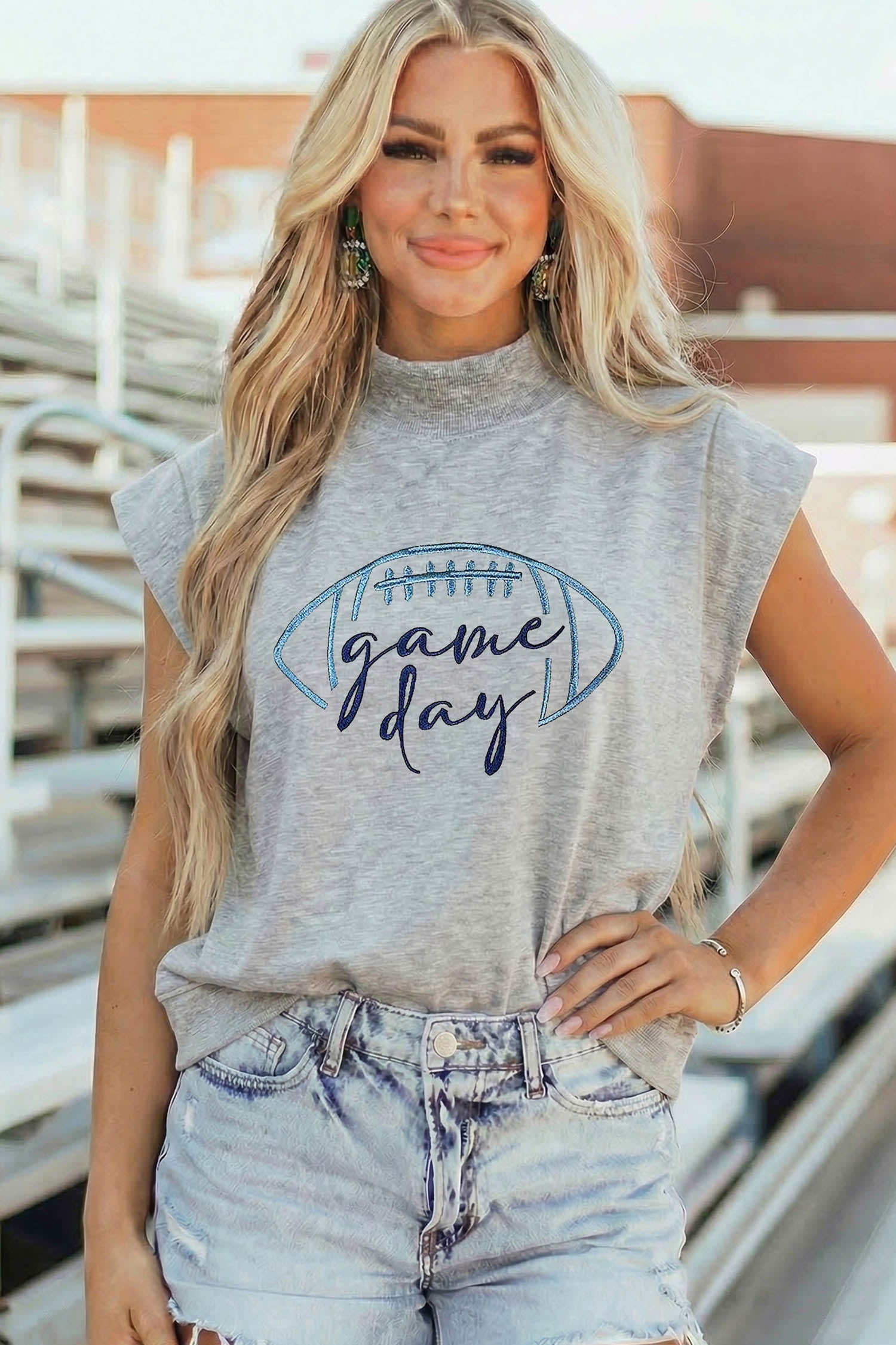 Light Grey Embroidered Game Day Football High Neck Short Sleeve Top - Aaria Tees Aaria Tees
