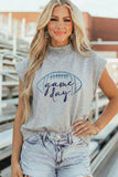 Light Grey Embroidered Game Day Football High Neck Short Sleeve Top - Aaria Tees Aaria Tees