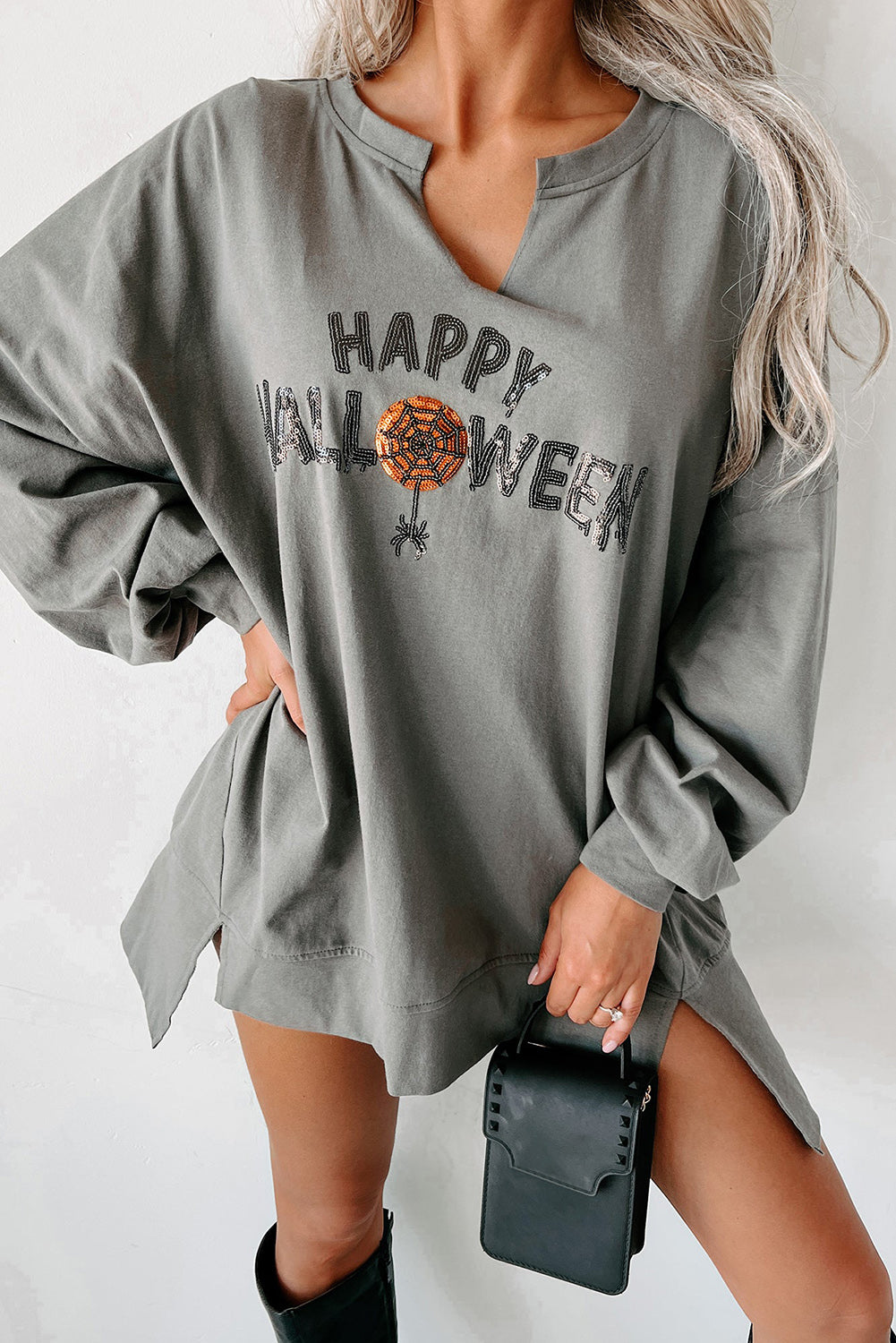 Medium Grey Sequin Happy Halloween Graphic Notched Neck Long Sleeve Loose Top - Aaria Tees Aaria Tees