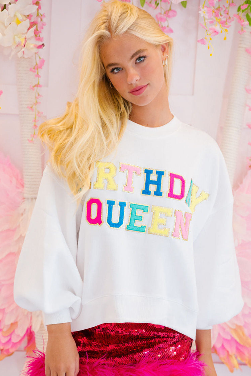 White BIRTHDAY QUEEN Graphic Balloon Sleeve Sweatshirt - Aaria Tees Aaria Tees