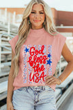 Pink God bless the USA Floral American Flag Print High Neck Short Sleeve Top Aaria Tees