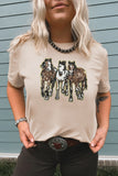 Khaki Sequin Horses Patched Casual Crewneck T Shirt Aaria Tees