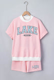 Pink Stripe Contrast Trim High Neck Short Sleeve LAKE WEEKEND 2pcs Short Set Aaria Tees