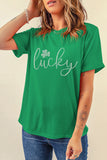 Bright Green Ceramic Rhinestone Lucky Clover Graphic Tee Aaria Tees