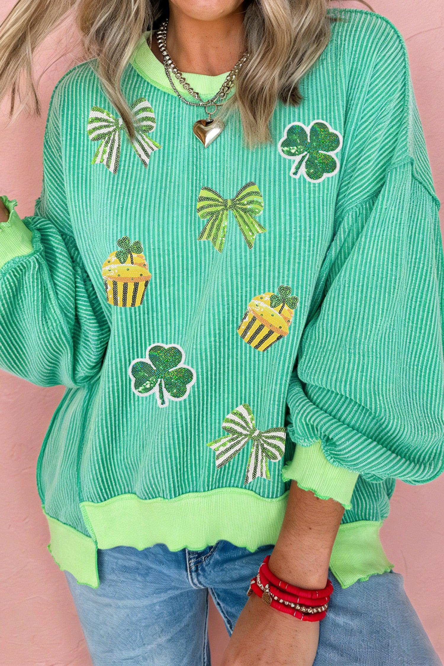 Bright Green Twisted Rib St Patricks Day Sequin Patch Graphic Long Sleeve Top - Aaria Tees Aaria Tees