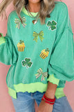 Bright Green Twisted Rib St Patricks Day Sequin Patch Graphic Long Sleeve Top - Aaria Tees Aaria Tees