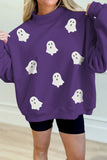 Tillandsia Purple Halloween Sequined Ghost Print Mock Neck Graphic Sweatshirt Aaria Tees