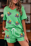 Mint Green Sequin Mardi Gras Mask V Neck Tee Drawstring Shorts 2pcs Outfit Aaria Tees