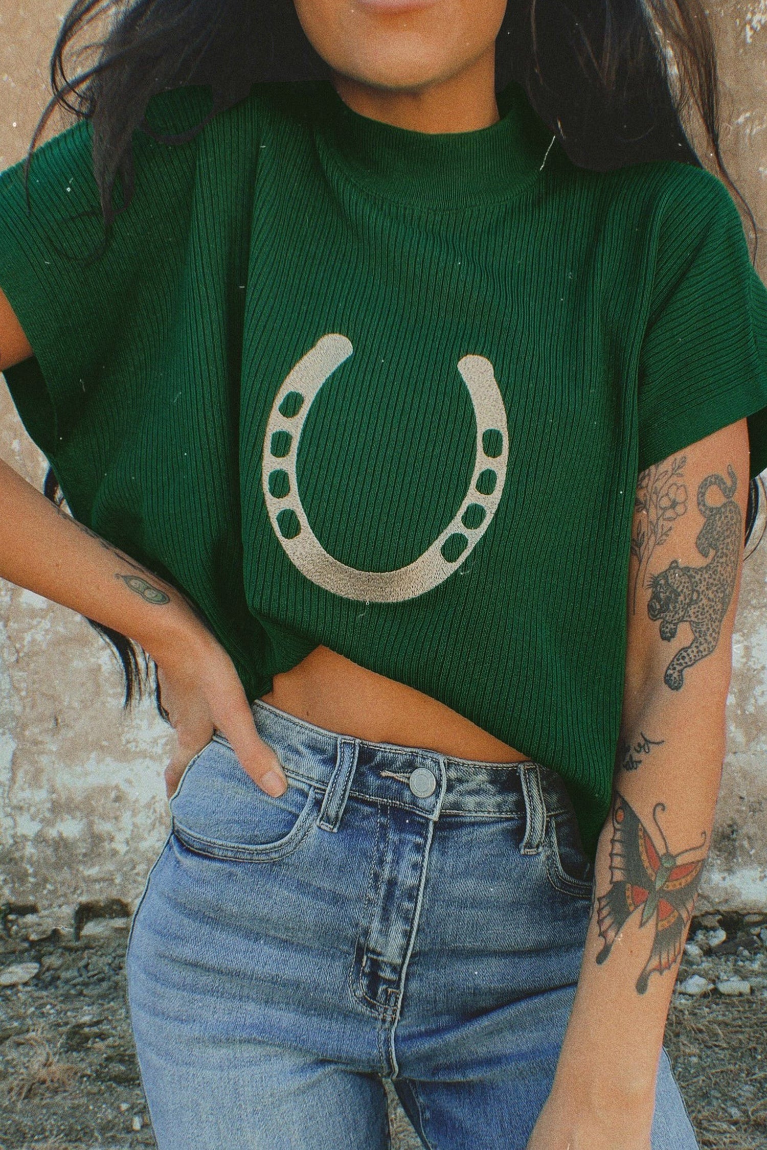 Blackish Green Horseshoe Graphic Western Short Sleeve Sweater - Aaria Tees Aaria Tees