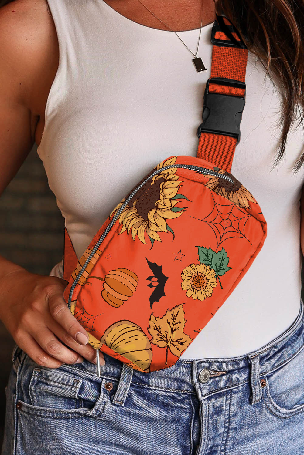 Orange Pumpkin Sunflower Halloween Graphic Crossbody Bag - Aaria Tees Aaria Tees