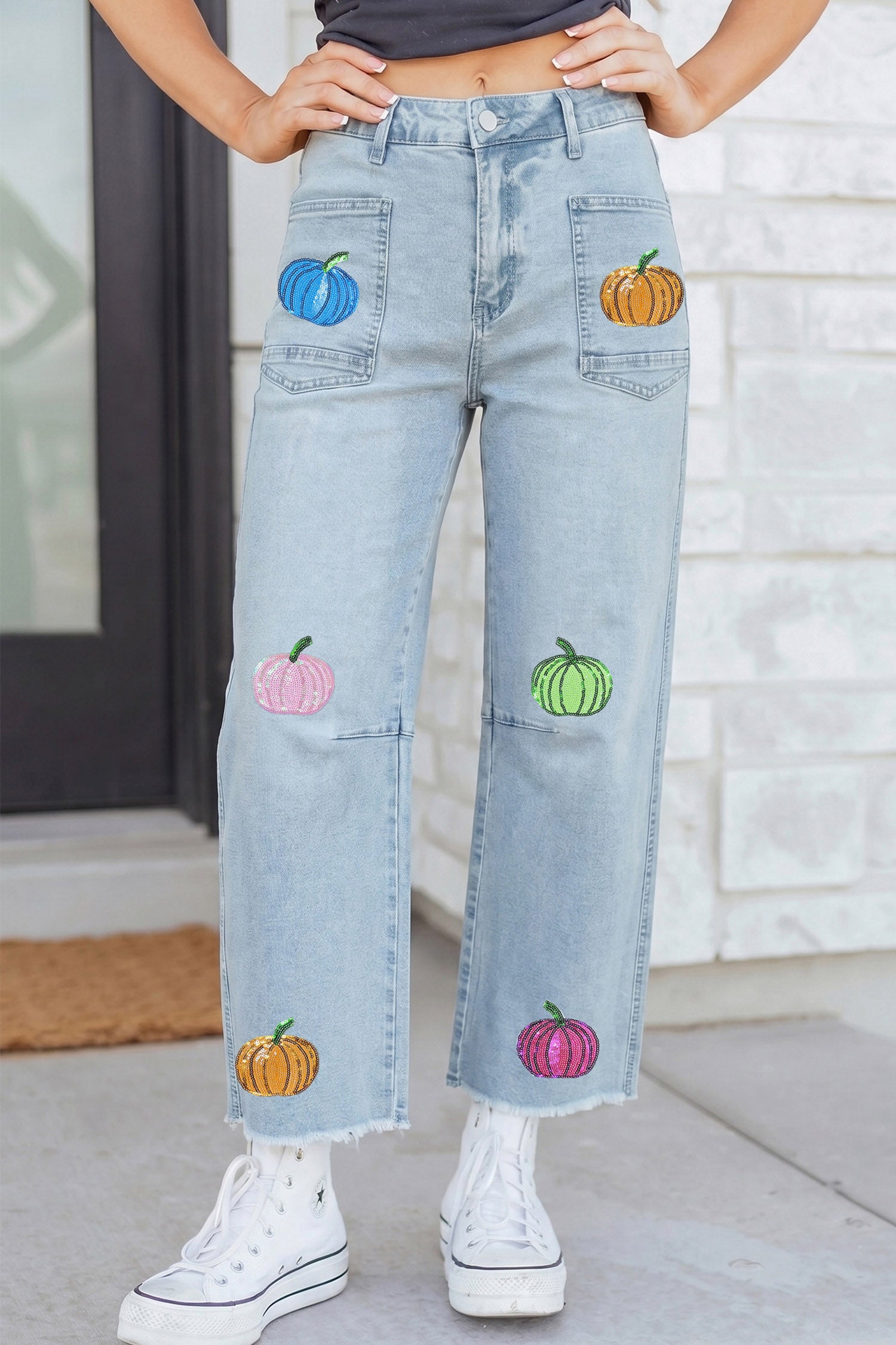 Beau Blue Sequin Pumpkin Patched Graphic Casual Shift Jeans - Aaria Tees Aaria Tees