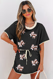 Black Sequin Rugby Football Bow Patched Colorblock Edge Tee and Skort Set Aaria Tees