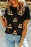 Black Sequin Pumpkin Cherry Graphic Round Neck Casual T Shirt Aaria Tees
