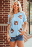 Light Blue Gopher Ball Sequin Patched Casual T Shirt Aaria Tees