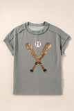 Medium Grey Sequin Baseball Pattern Corded Crewneck T Shirt Aaria Tees