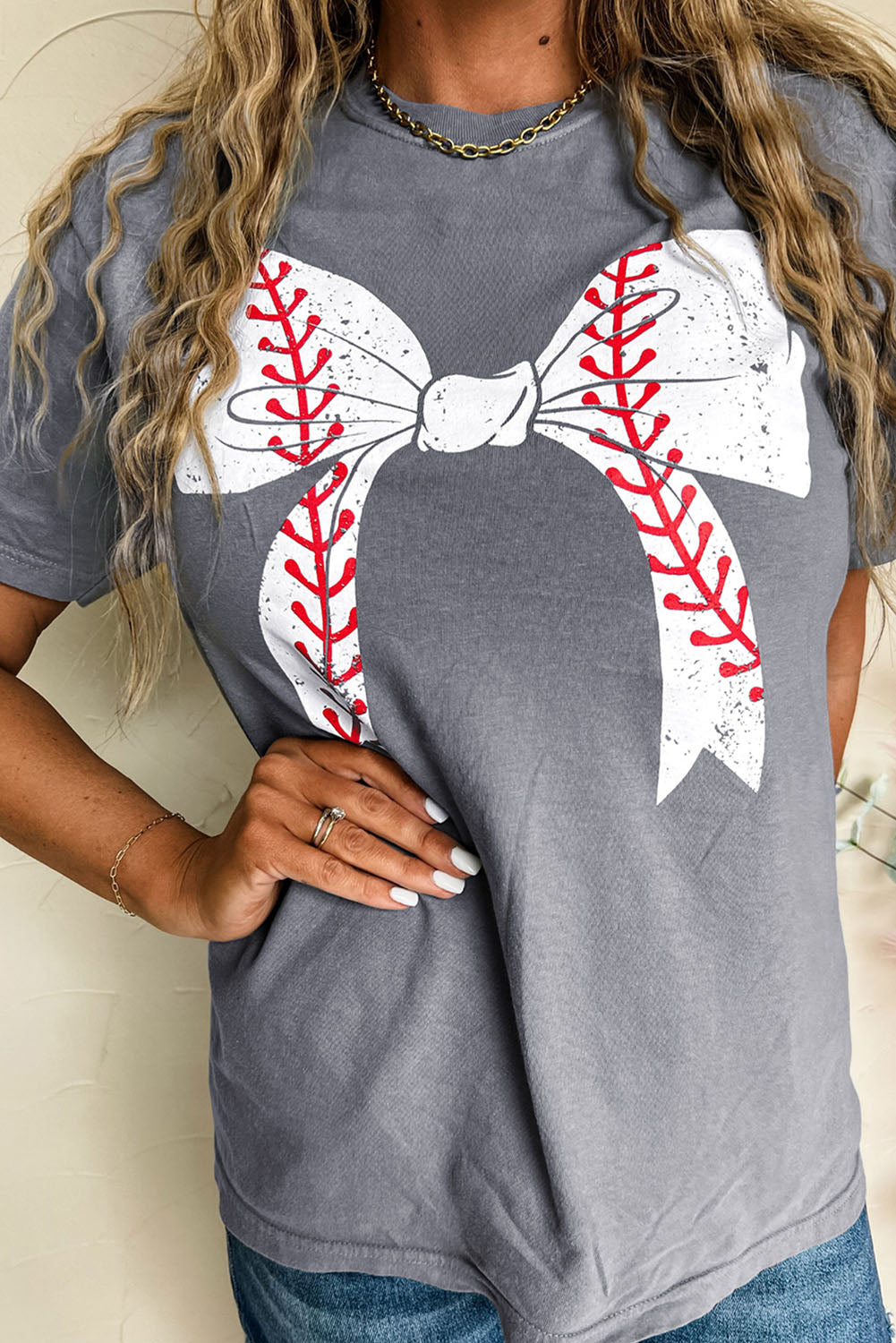 Gray Baseball Bowknot Graphic Casual Tee - Aaria Tees Aaria Tees