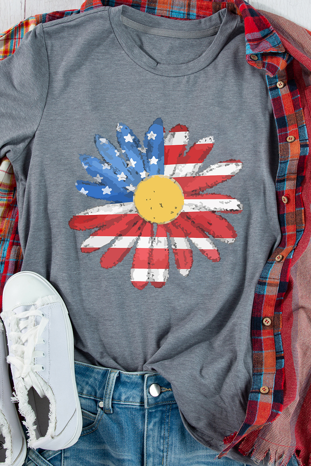 Gray Flag Pattern Sunflower Graphic Crew Neck Tee - Aaria Tees Aaria Tees