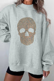Gray Halloween Rhinestone Skull Graphic Mock Neck Baggy Pullover Sweatshirt Aaria Tees