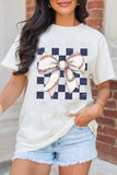 White Checkered Rugby Bowknot Graphic Crew T Shirt Aaria Tees