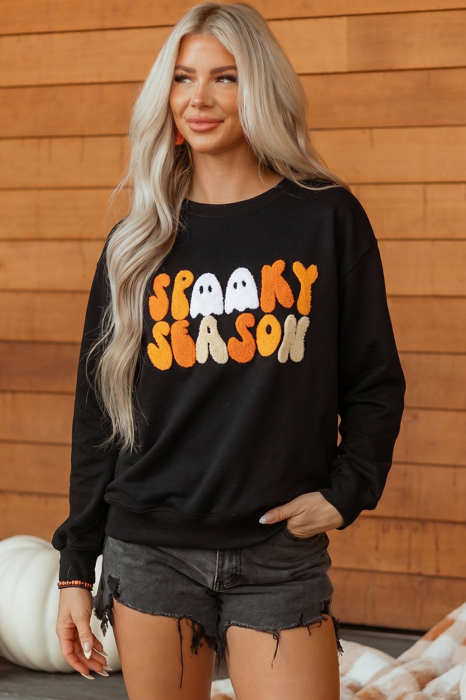 Color black Embroidered Spooky Season Graphic Long Sleeve Round Neck Pullover Sweatshirt - Aaria Tees Aaria Tees