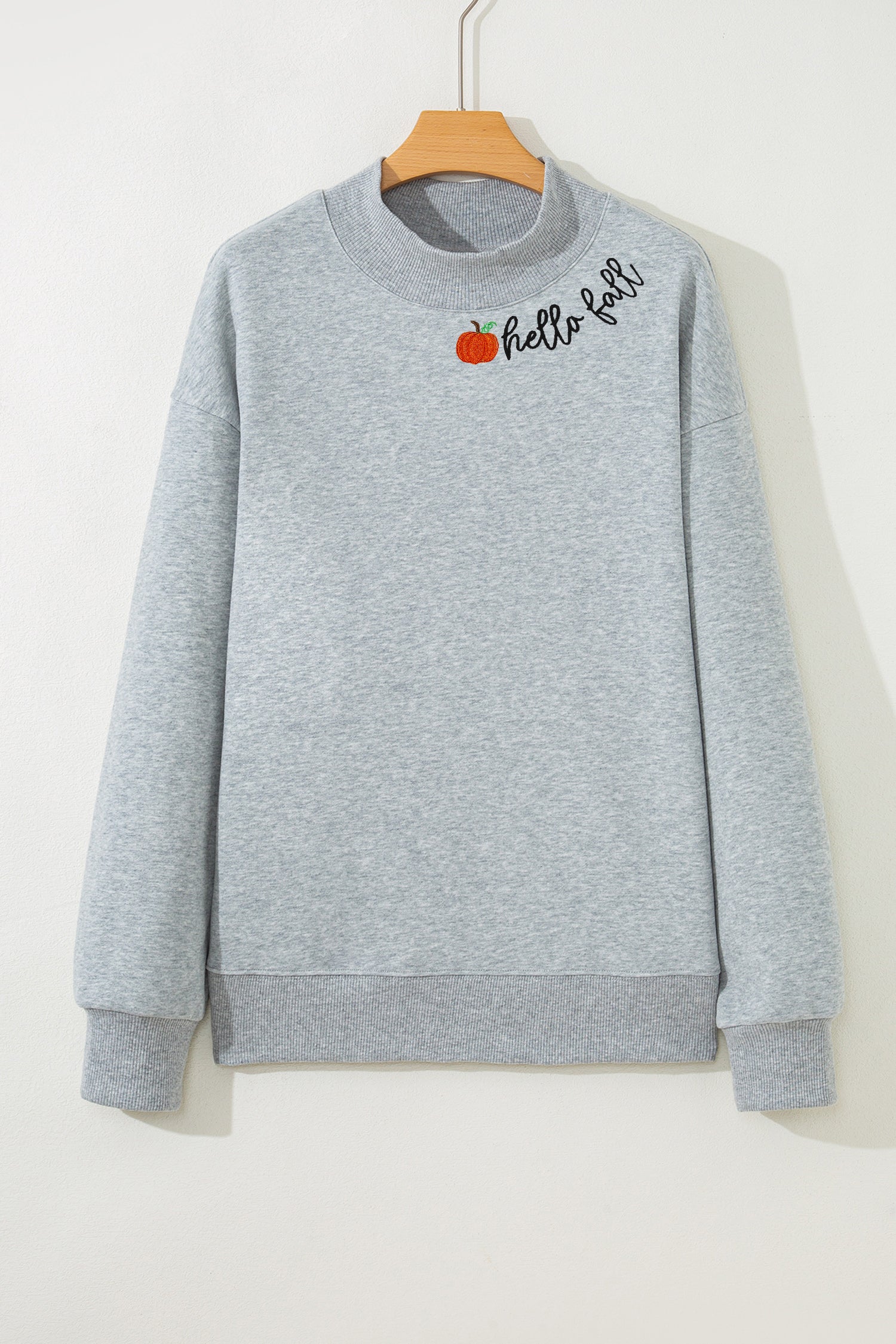Gray hello fall Embroidered Pumpkin Detail Mock Neck Sweatshirt - Aaria Tees Aaria Tees