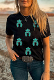 Black Western Turquoise Pattern Sequin Patched T Shirt Aaria Tees