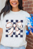 White Checkered Rugby Bowknot Graphic Crew T Shirt Aaria Tees