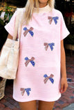 Pink Stripe Patriotic Sequin Bow Mock Neck T Shirt Shift Dress Aaria Tees