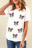 White Sequin Mardi Gras Bow Graphic Crewneck Tee Aaria Tees