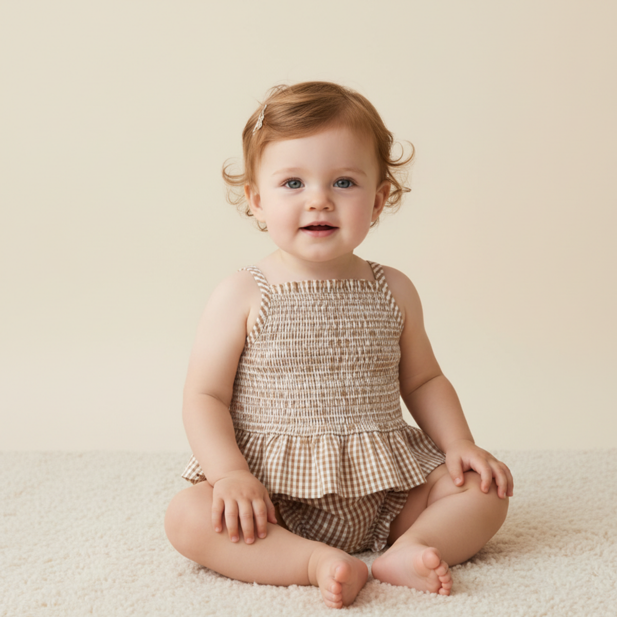 Organic Smocked Top And Bloomer Set - Caramel Check - Aaria Tees