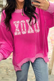 Strawberry Pink Twisted Ribbed Long Sleeve XOXO Bow Print Embroidered Patch Graphic Top - Aaria Tees Aaria Tees