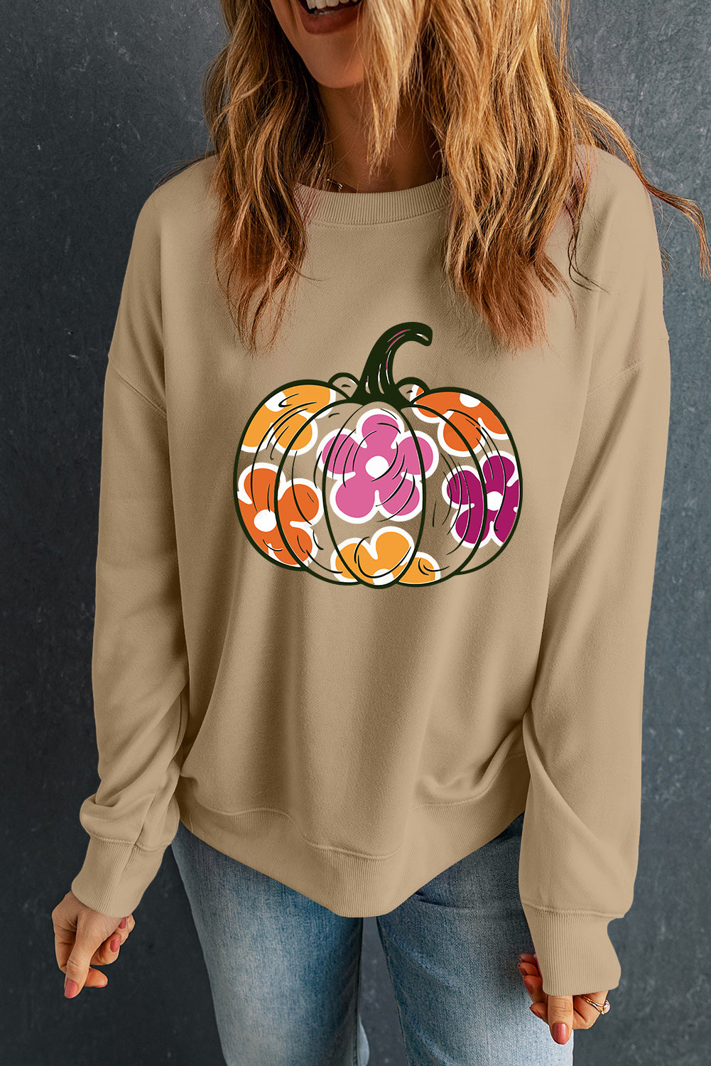 Khaki Halloween Floral Pumpkin Graphic Drop Shoulder Sweatshirt - Aaria Tees Aaria Tees