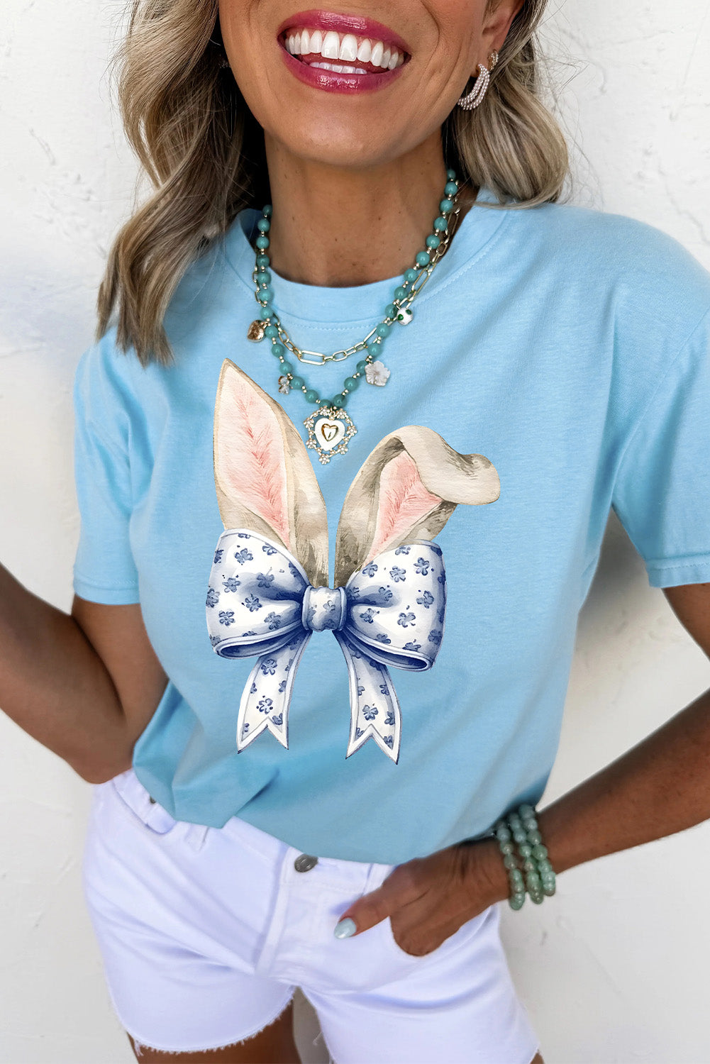 Light Blue Easter Bunny Ears Coquette Bow Graphic Tee - Aaria Tees Aaria Tees